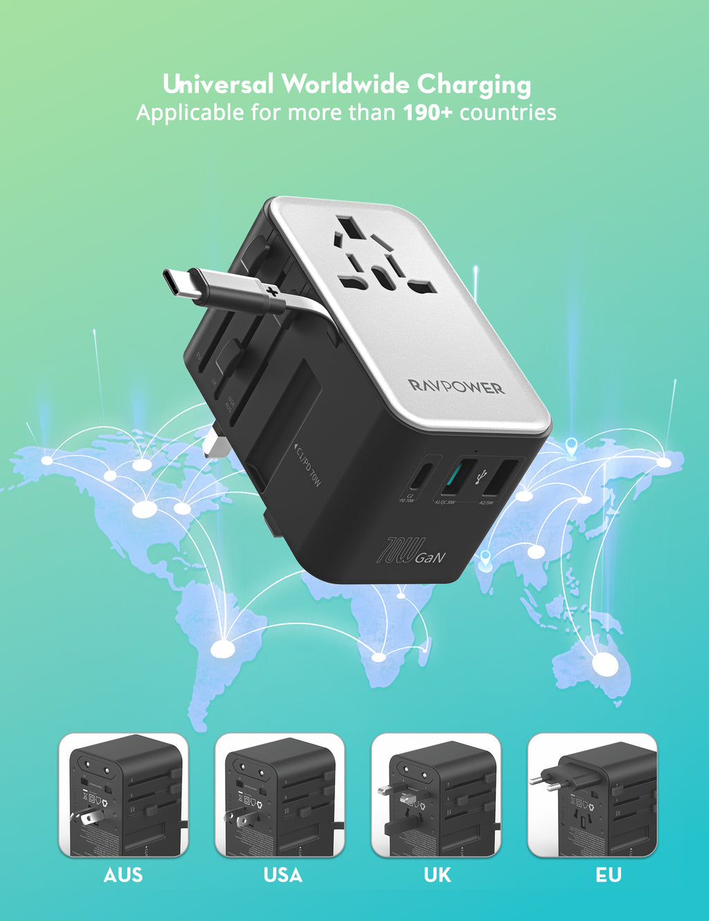 RAVPower PC1061 - PD70W Travel Charger with Retractable Typc-C Cable