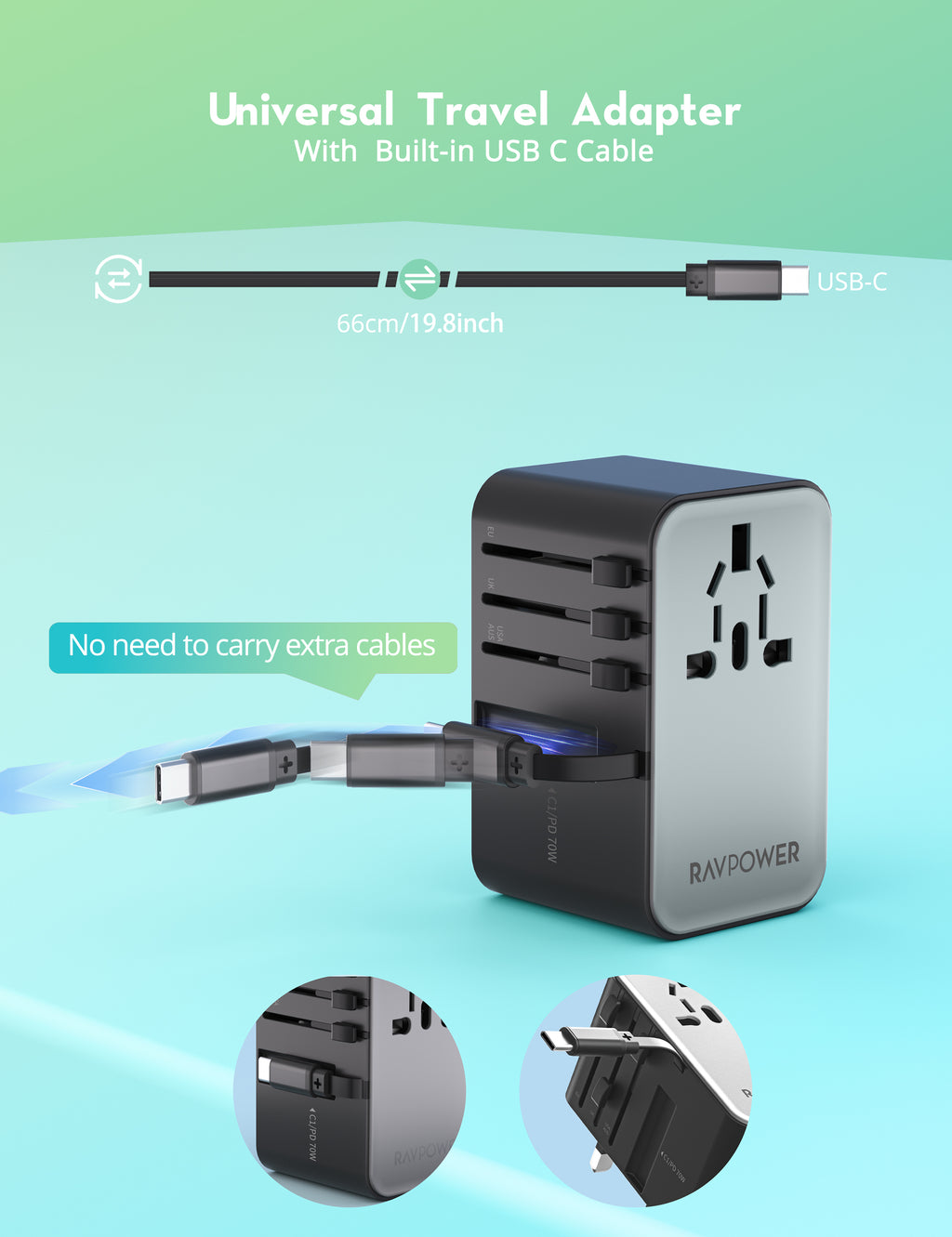 RAVPower PC1061 - PD70W Travel Charger with Retractable Typc-C Cable