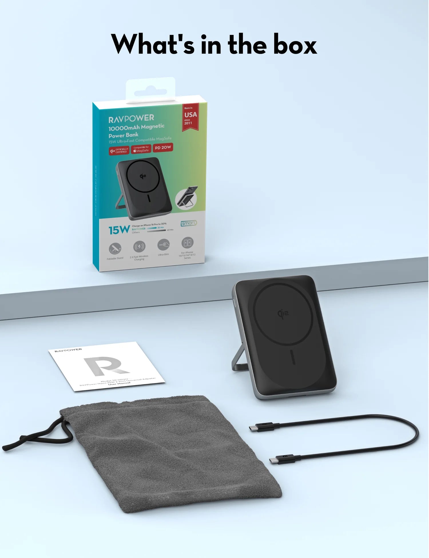 RAVPower RP-PB1217 - 10000mAh 20W Wired & Wireless Magnetic Power Bank Built-in